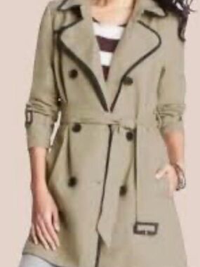 LOFT Women's Tan Trench Coat with Black Piping NEW sz small double breasted